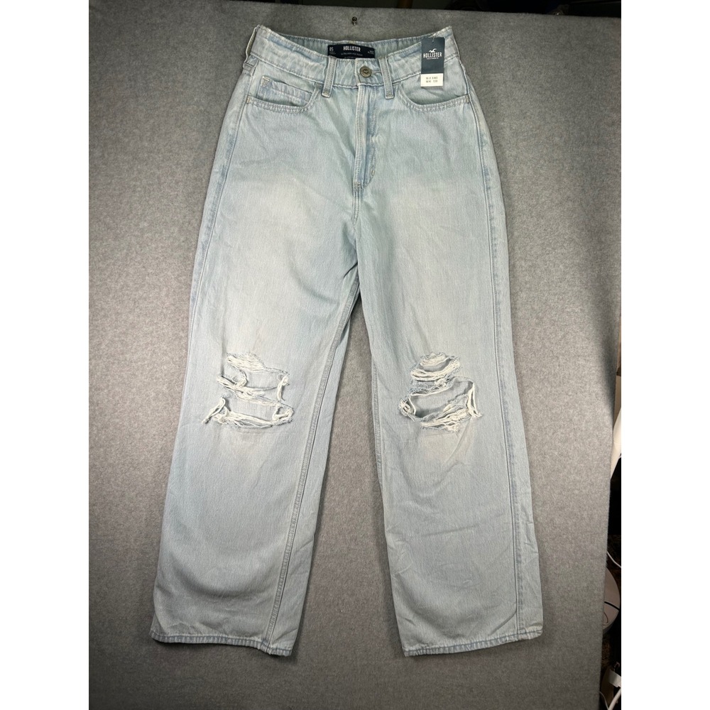 Hollister Ultra High Rise Baggy Jeans Womens 0S 25S Distressed Light Wash Denim